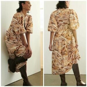 Anthropologie Love The Label Honey Puff Sleeve Swirl Midi Dress Zebra S NWT